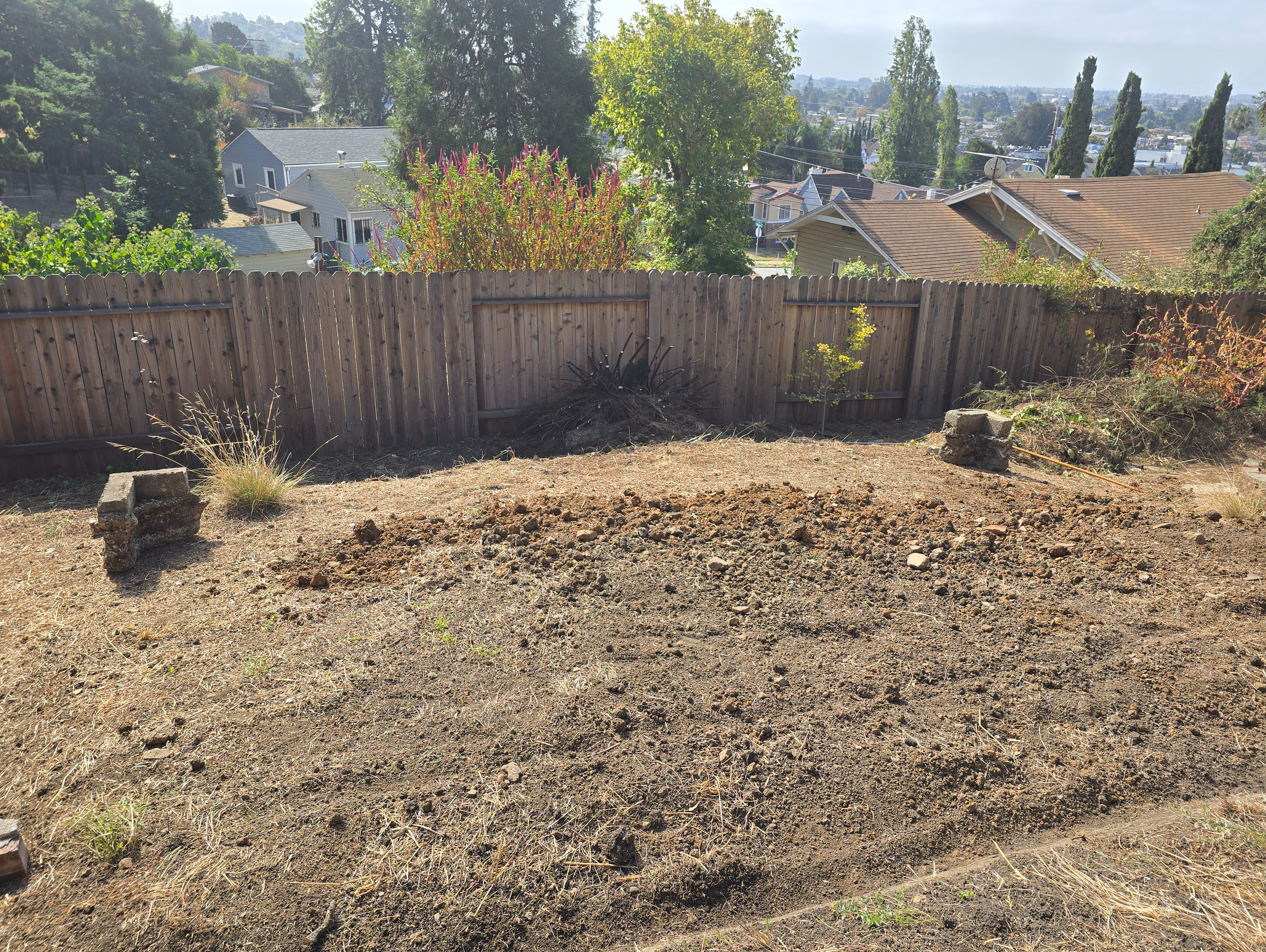Excavated paving slabs pathway with rake marking door position